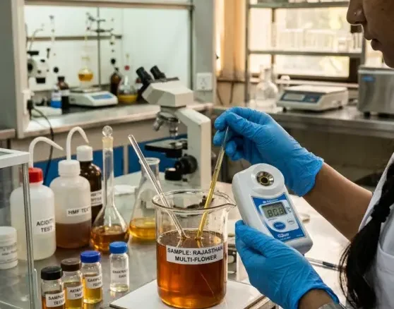 Advanced laboratory testing for honey purity, moisture content and safety standards to ensure certified quality products.