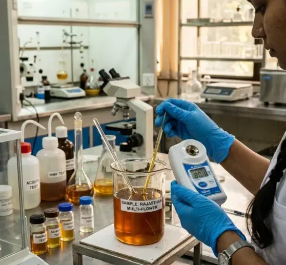 Advanced laboratory testing for honey purity, moisture content and safety standards to ensure certified quality products.