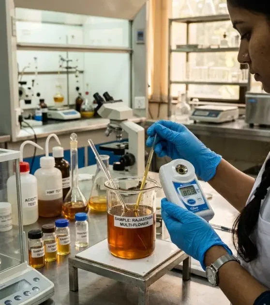 Advanced laboratory testing for honey purity, moisture content and safety standards to ensure certified quality products.