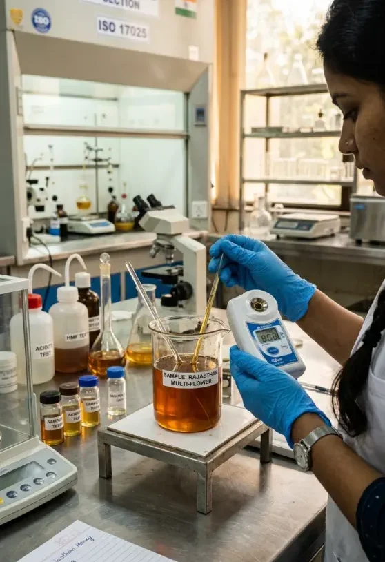 Advanced laboratory testing for honey purity, moisture content and safety standards to ensure certified quality products.