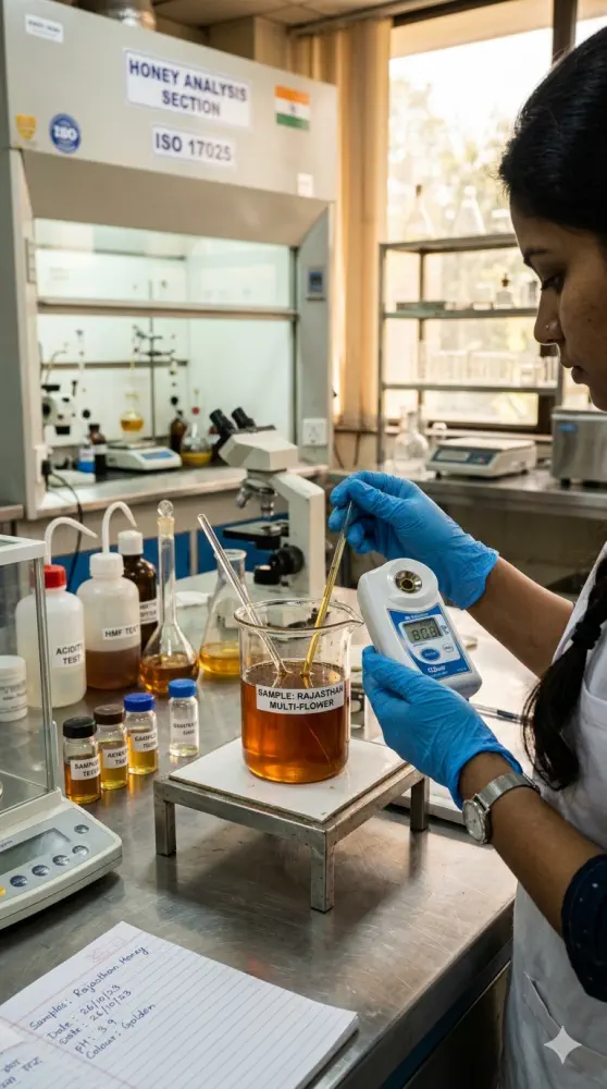 Advanced laboratory testing for honey purity, moisture content and safety standards to ensure certified quality products.